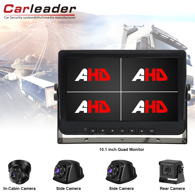 Carleader 10.1 inç 4AV girişleri ile izleme deneyiminizi yükseltin Dörtlü Görünüm AHD Araç Monitörü ve Kamera Kiti